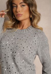 Renee - Szary Sweter z Bawełną i Cekinami Savintha. Okazja: na co dzień. Kolor: szary. Materiał: bawełna. Wzór: aplikacja. Styl: elegancki, casual #5
