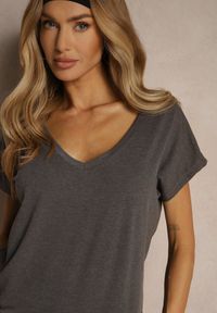 Renee - Ciemnoszary T-shirt z Bawełny z Dekoltem w Serek Linithiela. Okazja: na co dzień. Typ kołnierza: dekolt w serek. Kolor: szary. Materiał: bawełna. Styl: casual