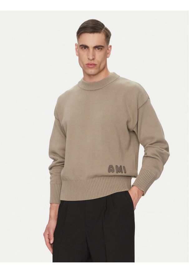 AMI PARIS - AMI Paris Sweter HKS163.KN0063 Szary Regular Fit. Kolor: szary. Materiał: bawełna