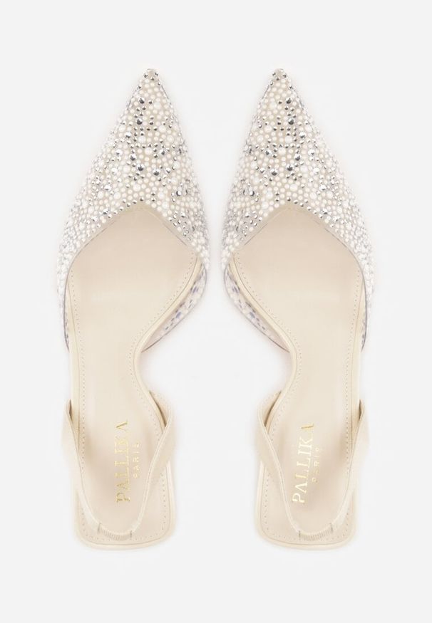 Renee - Beżowe Czółenka z Przezroczystą Cholewką Ozdobione Perełkami i Cyrkoniami Karenetia. Kolor: beżowy. Szerokość cholewki: normalna. Wzór: aplikacja. Styl: elegancki