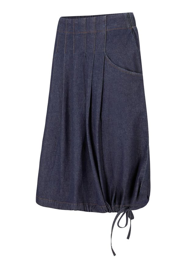 Spódnica dżinsowa ze stretchem, ze szczypankami, wiązanym troczkiem i wygodnym paskiem w talii bonprix ciemnoniebieski denim. Kolor: niebieski. Materiał: denim