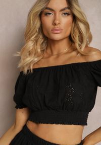 Renee - Czarny Bawełniany Komplet Ażurowy Krótki Top Spódnica z Gumką w Pasie Igue. Kolor: czarny. Materiał: bawełna. Wzór: ażurowy #4