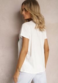 Renee - Biały T-shirt z Bawełny Ozdobiony Nadrukiem Railvua. Okazja: na co dzień. Kolor: biały. Materiał: bawełna. Wzór: nadruk, aplikacja. Styl: casual