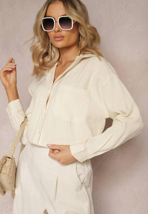 Renee - Beżowa Elegancka Koszula Bawełniana z Klasycznym Wzorem w Paski Lervana. Kolor: beżowy. Materiał: bawełna. Wzór: paski. Styl: klasyczny, elegancki