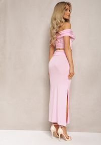 Renee - Różowy Komplet z Bawełny Długa Spódnica z Rozcięciem i Bluzka w stylu Hiszpanki Elanmi. Kolor: różowy. Materiał: bawełna #5