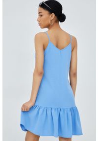 only - Only sukienka mini rozkloszowana. Kolor: niebieski. Materiał: tkanina. Długość rękawa: na ramiączkach. Wzór: gładki. Typ sukienki: rozkloszowane. Długość: mini #2