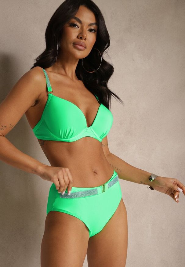 Renee - Jasnozielone Bikini Majtki Figi i Biustonosz z Cyrkoniami Tenumela. Kolor: zielony. Wzór: aplikacja, kwiaty