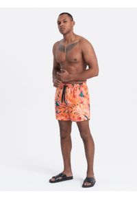 Ombre Clothing - Szorty męskie kąpielówki w motyw roślinny - pomarańczowe V5 - Rozmiar: XL. Okazja: na plażę. Kolor: pomarańczowy. Materiał: poliester, materiał #5