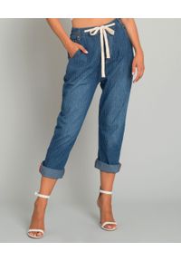 ONETEASPOON - Jeansy w paski z wiązaniem. Stan: podwyższony. Kolor: niebieski. Wzór: paski. Styl: elegancki #1