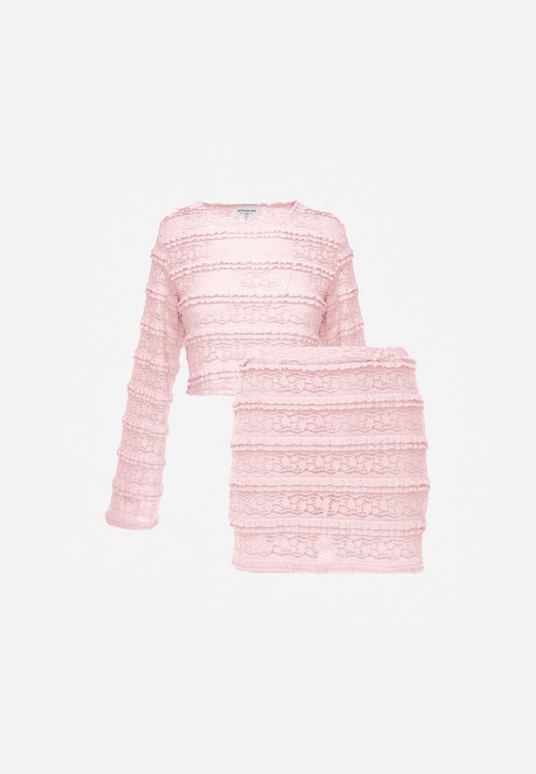 Renee - Różowy Komplet z Koronki Bluzka Longsleeve i Dopasowane Spódnico-Szorty Daera. Kolor: różowy. Materiał: koronka. Wzór: koronka