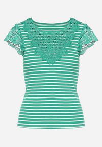 Born2be - Zielony Bawełniany T-shirt z Prążkowanej Dzianiny Ozdobiony Koronką Liasilo. Kolor: zielony. Materiał: bawełna, koronka, dzianina, prążkowany. Wzór: aplikacja, koronka. Sezon: lato #5