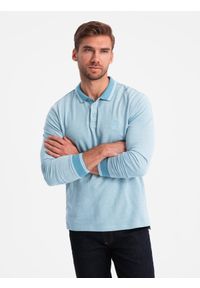 Ombre Clothing - Melanżowy longsleeve męski polo z haftem – niebieski melanż V3 - Rozmiar: L. Okazja: na co dzień. Typ kołnierza: polo. Kolor: niebieski. Materiał: bawełna, dzianina. Długość rękawa: długi rękaw. Długość: długie. Wzór: melanż, haft. Styl: klasyczny, sportowy, casual