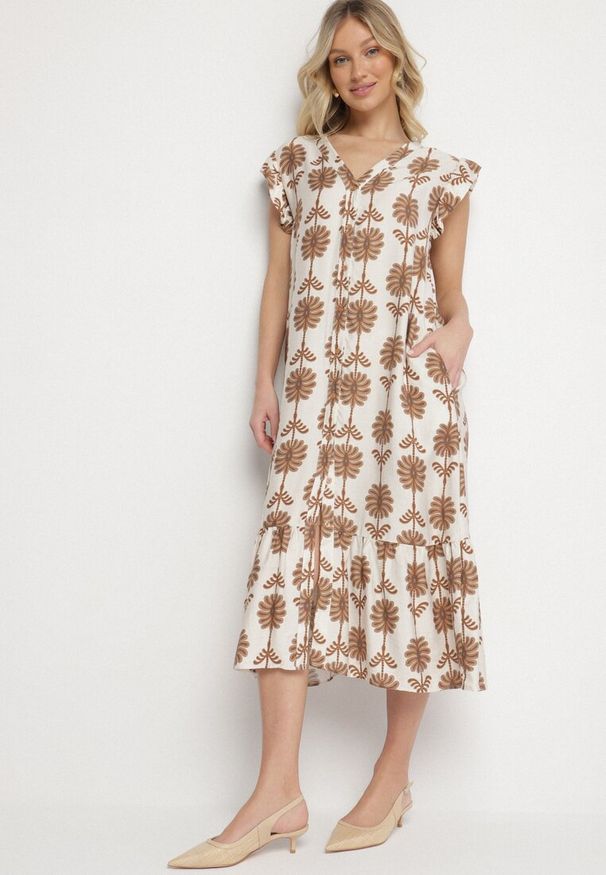 Born2be - Biało-Beżowa Kwiatowa Sukienka z Bawełną i Falbanką Efanelia. Okazja: na spacer, na imprezę. Typ kołnierza: dekolt w serek. Kolor: beżowy. Materiał: bawełna. Wzór: kwiaty. Sezon: wiosna, lato. Typ sukienki: proste. Styl: elegancki