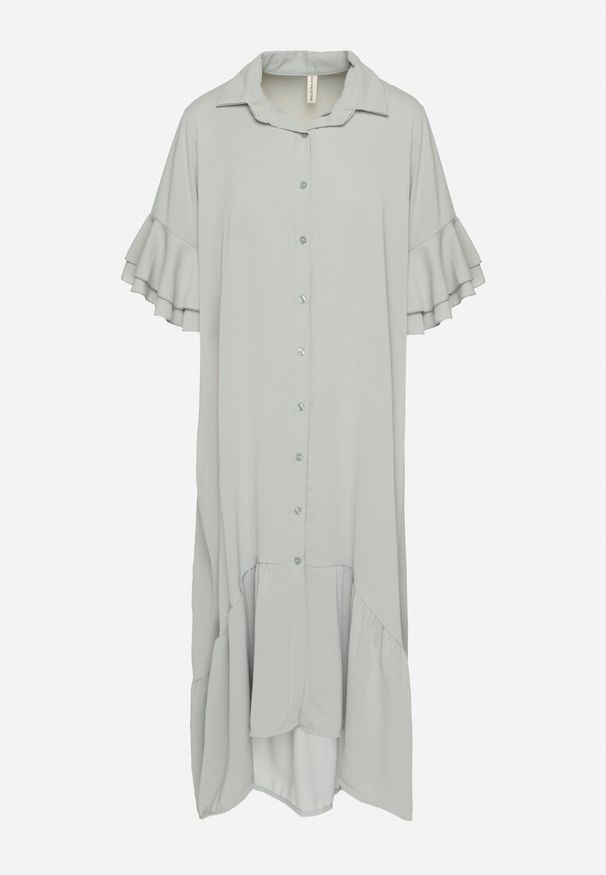 Born2be - Jasnozielona Sukienka Koszulowa z Ozdobną Falbanką Daviravie. Okazja: na co dzień. Kolor: zielony. Typ sukienki: koszulowe. Styl: klasyczny, casual, elegancki