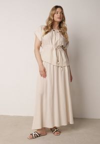 Born2be - Beżowy Komplet Boho z Lnem i Wiskozą Spódnica i Nietoperzowa Bluzka Fysernara. Kolor: beżowy. Materiał: wiskoza, len #3