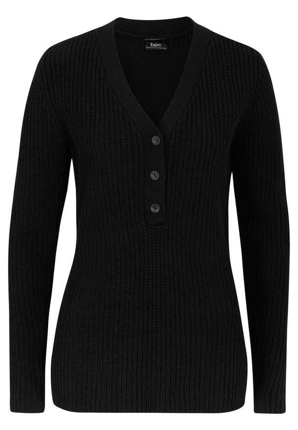 Sweter z plisą guzikową bonprix czarny. Kolor: czarny. Materiał: materiał, akryl