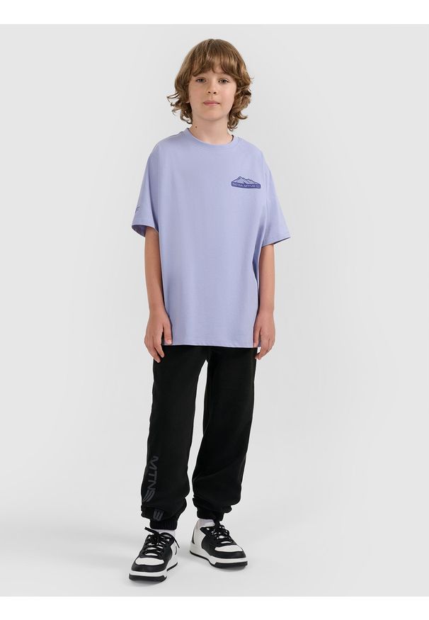 4f - 4F T-shirt oversize z nadrukiem chłopięcy - fioletowy 146 (10-11 lat). Okazja: na co dzień, na uczelnię. Kolor: niebieski. Materiał: dzianina, materiał, dresówka, bawełna, skóra, jeans. Wzór: nadruk. Sezon: lato. Styl: casual