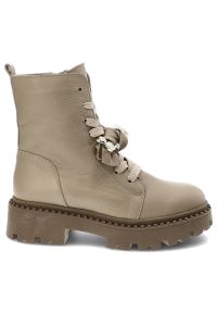 Beżowe Botki Karino Skórzane Eleganckie Buty Damskie. Okazja: na co dzień, do pracy. Kolor: beżowy. Materiał: skóra. Wzór: aplikacja. Styl: elegancki #4