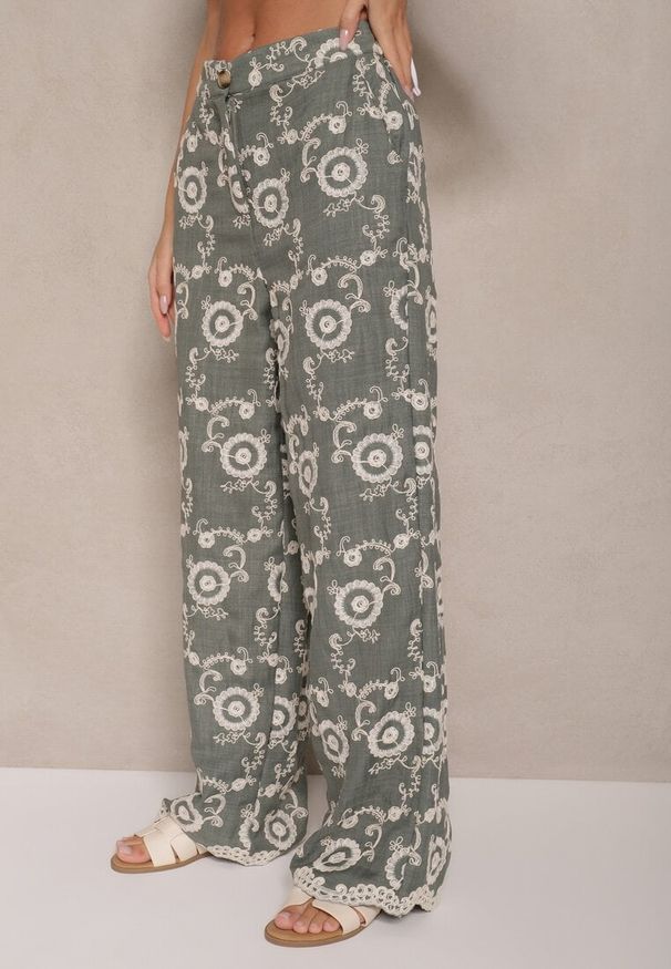 Renee - Ciemnozielone Spodnie o Szerokim Kroju High Waist Ozdobione Haftem Issedi. Okazja: na co dzień. Stan: podwyższony. Kolor: zielony. Wzór: aplikacja, haft. Styl: casual