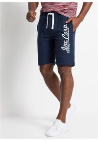 bonprix - Bermudy dresowe z czystej bawełny. Kolor: niebieski. Materiał: bawełna, dresówka. Wzór: nadruk, aplikacja #1