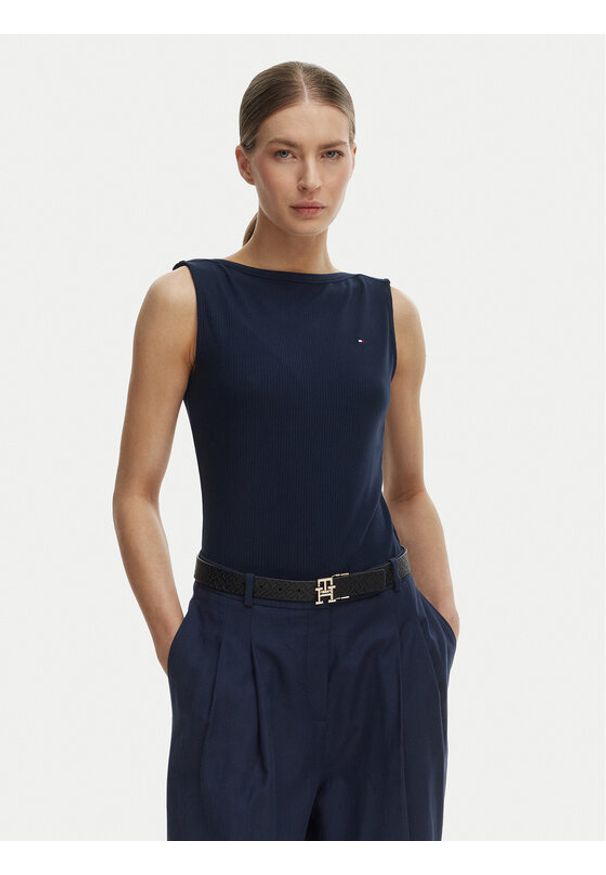 TOMMY HILFIGER - Tommy Hilfiger Top WW0WW47807 Granatowy Slim Fit. Kolor: niebieski. Materiał: wiskoza