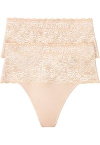 bonprix - Stringi o średnim stopniu modelowania sylwetki (2 pary). Kolor: beżowy. Materiał: koronka. Wzór: koronka #1