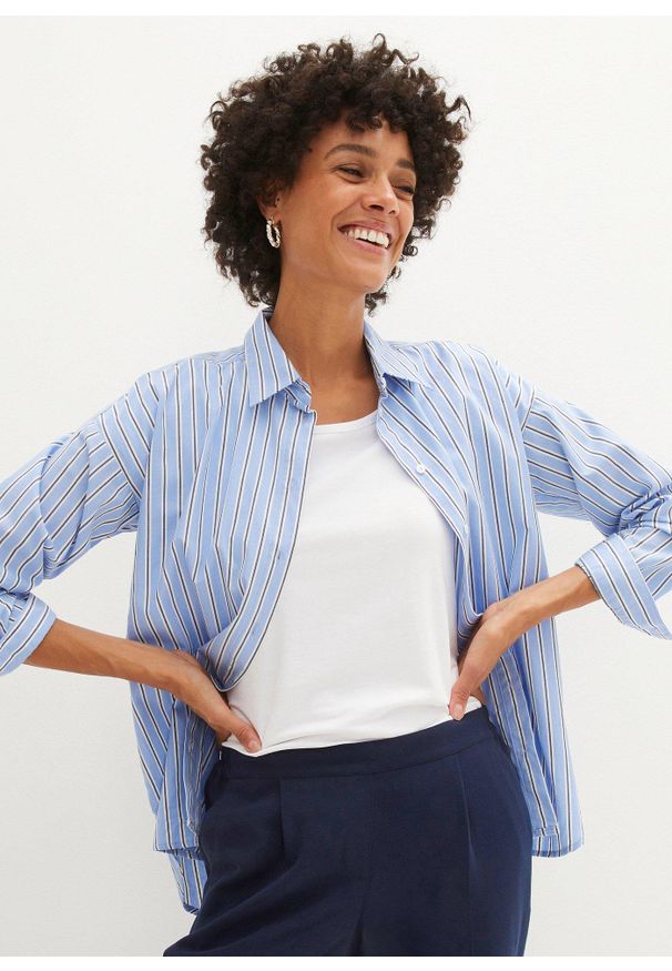 bonprix - Spodnie z elastyczną gumką w talii i zaprasowanym kantem. Kolor: niebieski. Styl: klasyczny