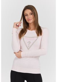 Guess - GUESS Różowy damski sweter Rylie Triangle Logo, Rozmiar XS. Kolor: różowy. Materiał: elastan, wiskoza. Długość rękawa: długi rękaw. Długość: długie. Styl: klasyczny #1