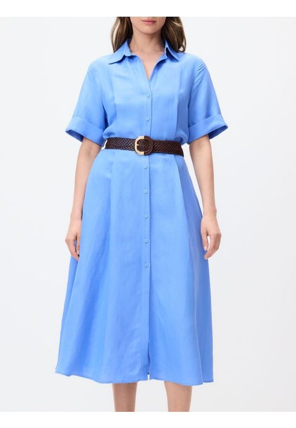 Reserved - Sukienka midi z lnem - niebieski. Kolor: niebieski. Materiał: len. Długość: midi