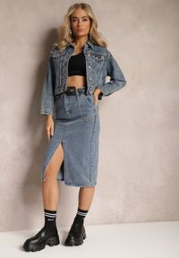 Renee - Niebieska Ołówkowa Spódnica Jeansowa z Rozcięciem i Paskiem z Saszetką Misitra. Kolor: niebieski. Materiał: jeans #5