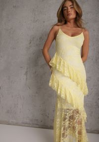 Renee - Żółta Koronkowa Sukienka na Ramiączkach Ozdobiona Falbankami Silurelle. Okazja: na co dzień. Typ kołnierza: kołnierz z falbankami. Kolor: żółty. Wzór: aplikacja. Typ sukienki: proste. Materiał: koronka. Długość rękawa: na ramiączkach. Sezon: lato. Styl: casual #3