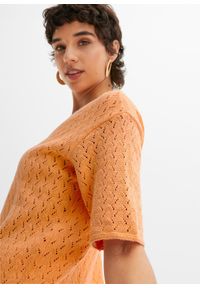 bonprix - Shirt dzianinowy ażurowy z domieszką lnu, rękawy 1/2. Kolor: pomarańczowy. Materiał: dzianina, len. Wzór: ażurowy #3