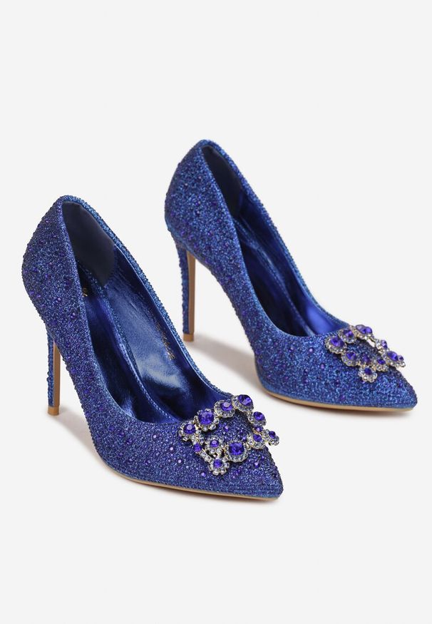 Renee - Niebieskie Szpilki z Brokatem i Cyrkoniami Dulcinia. Kolor: niebieski. Materiał: materiał, skóra. Wzór: aplikacja. Obcas: na szpilce. Styl: elegancki. Wysokość obcasa: wysoki