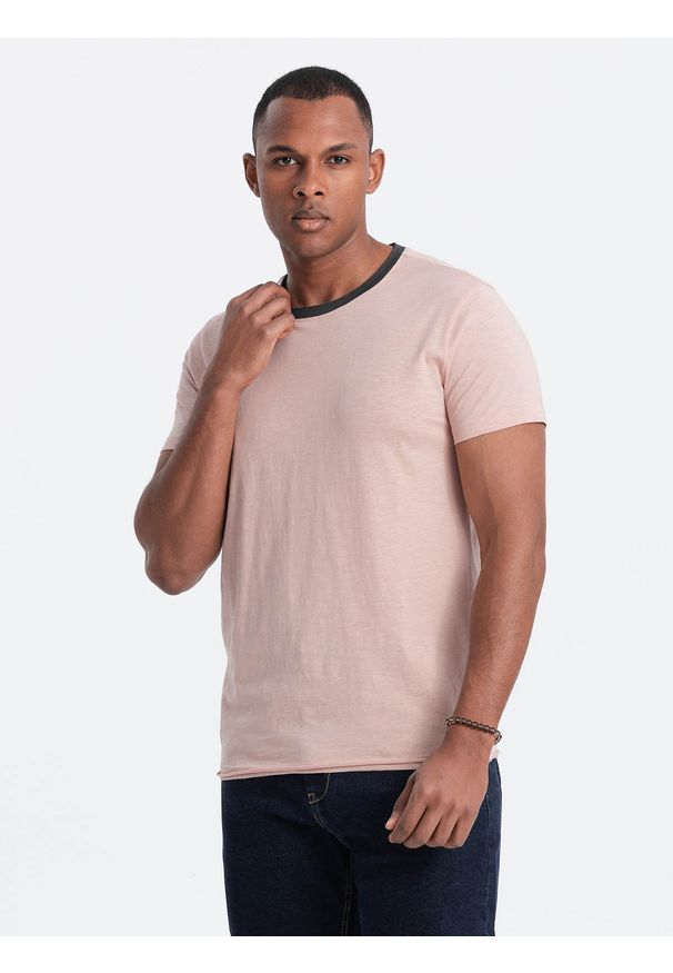 Ombre Clothing - Męski t-shirt z surowym wykończeniem – różowy V5 OM-TSCT-22SS-004 - XXL. Okazja: na co dzień. Kolor: różowy. Materiał: skóra, materiał, bawełna. Wzór: aplikacja. Styl: casual