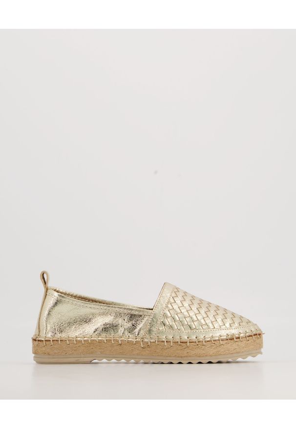 Venezia - ZŁOTE ESPADRYLE 083155542 L GOLD. Kolor: złoty. Materiał: materiał, skóra, syntetyk. Obcas: na obcasie. Wysokość obcasa: średni