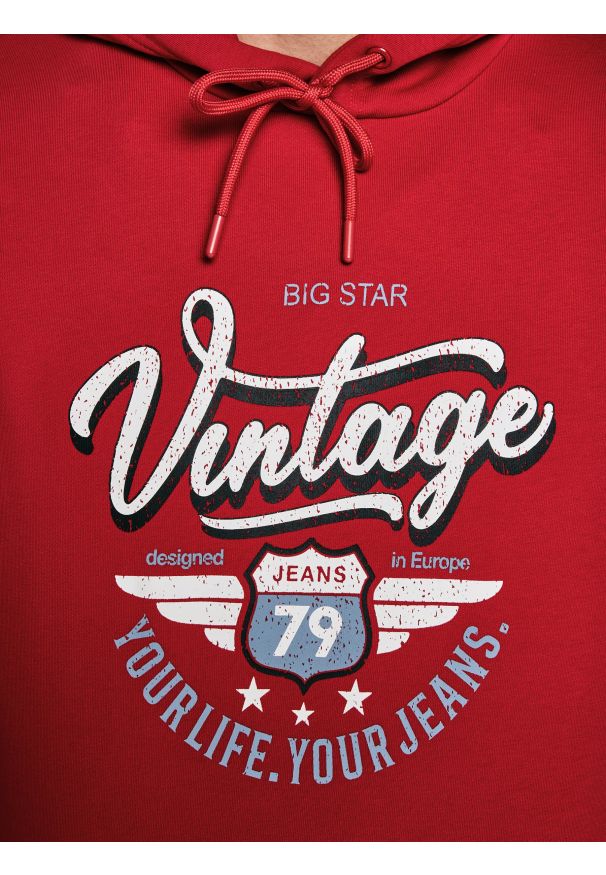 Big-Star - Bluza męska z kapturem z nadrukiem czerwona Luka 603. Okazja: na spacer. Typ kołnierza: kaptur. Kolor: czerwony. Materiał: jeans, dzianina, dresówka. Wzór: nadruk. Styl: sportowy