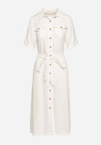 Born2be - Biała Koszulowa Sukienka z Wiskozy z Lnem Zapinana na Guziki z Materiałowym Paskiem Fidilla. Okazja: na co dzień, na spotkanie biznesowe. Kolor: biały. Materiał: len, wiskoza, materiał. Wzór: aplikacja. Typ sukienki: koszulowe. Styl: biznesowy, casual, elegancki #4
