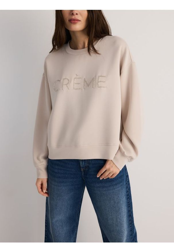 Reserved - Bluza z haftem - beżowy. Kolor: beżowy. Materiał: dzianina. Wzór: haft