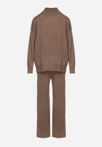 Born2be - Ciemnobeżowy Dzianinowy Komplet z Wełną Sweter z Półgolfem i Szerokie Spodnie Lanerra. Kolor: beżowy. Materiał: dzianina, wełna. Sport: turystyka piesza #2