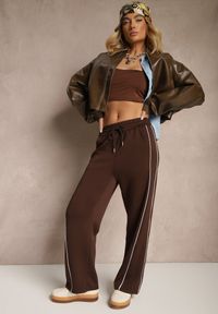 Renee - Brązowe Spodnie Dresowe z Bawełną o Szerokim Kroju High Waist z Paskami Salliara. Okazja: na co dzień. Stan: podwyższony. Kolor: brązowy. Materiał: dresówka, bawełna. Styl: elegancki, casual #5