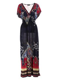 Renee - Granatowa Sukienka o Kopertowym Kroju w Ornamentalny Print Nalori. Okazja: na co dzień. Typ kołnierza: dekolt w serek. Kolor: niebieski. Wzór: nadruk. Typ sukienki: kopertowe. Materiał: materiał. Długość rękawa: krótki rękaw. Styl: boho, wakacyjny, casual. Długość: maxi #5