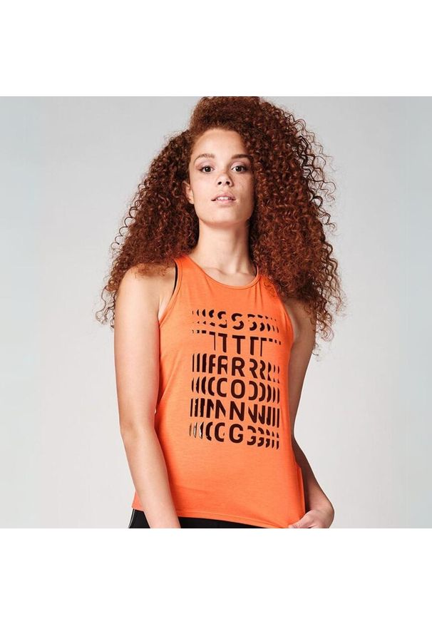 Koszulka sportowa damska STRONG ID z wycięciem na plecach. Kolor: pomarańczowy. Materiał: poliester. Długość rękawa: na ramiączkach. Sport: fitness