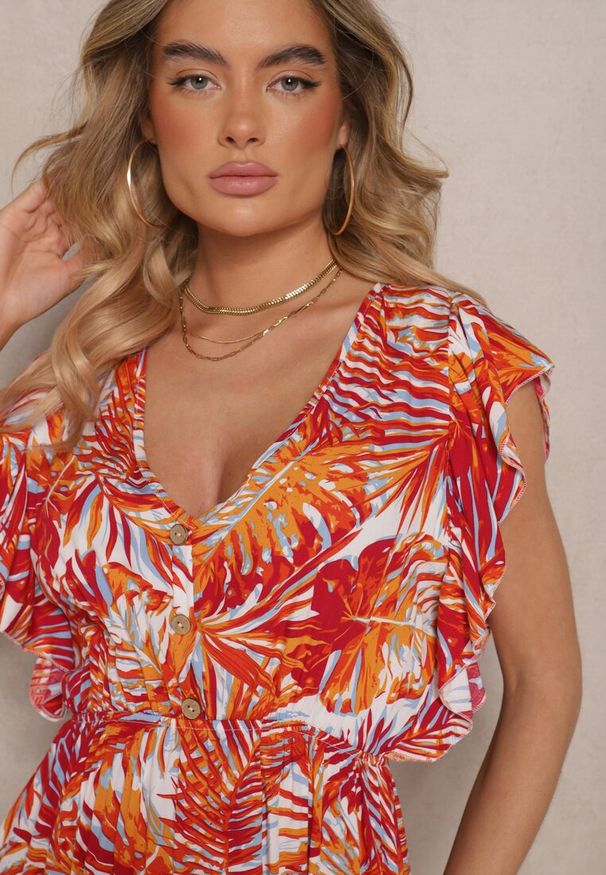 Renee - Pomarańczowa Sukienka o Rozkloszowanym Fasonie z Bawełny w Liście Lanadena. Okazja: na co dzień. Kolor: pomarańczowy. Materiał: bawełna. Długość rękawa: krótki rękaw. Sezon: lato. Typ sukienki: rozkloszowane. Styl: casual