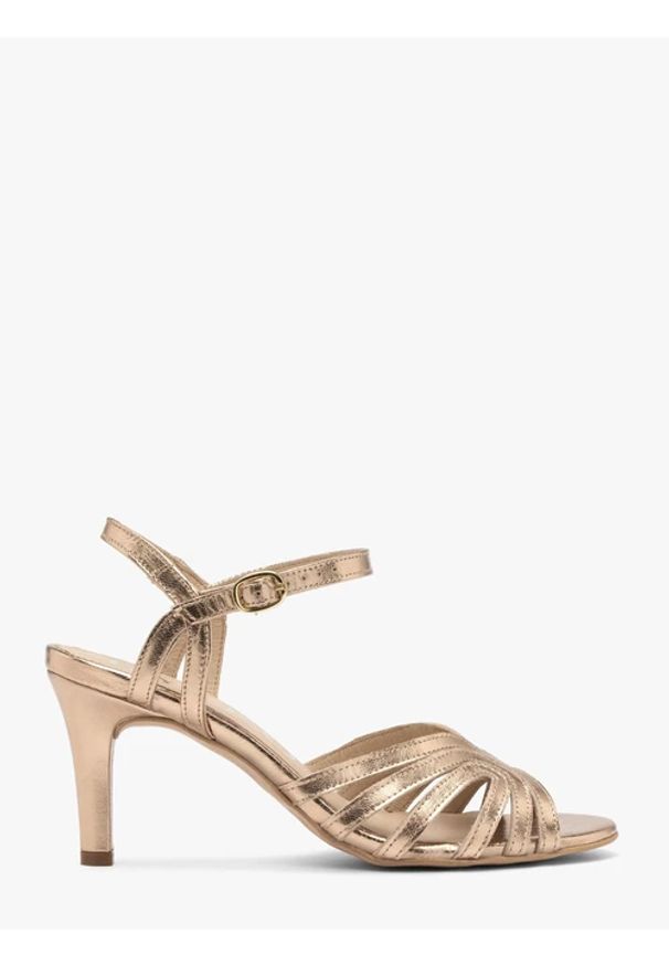 Ryłko - Platynowe sandały damskie na szpilce. Zapięcie: sprzączka. Kolor: szary. Materiał: skóra. Obcas: na szpilce. Styl: elegancki, street. Wysokość obcasa: średni