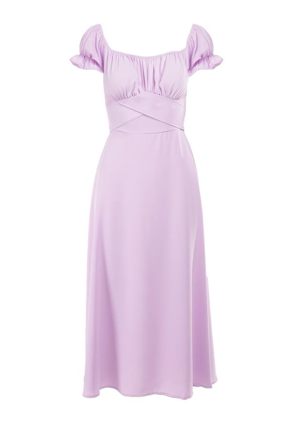 Born2be - Fioletowa Sukienka Midi z Dekoltem Carmen i Bufiastymi Rękawkami Amarhis. Okazja: na imprezę, na co dzień. Typ kołnierza: typu carmen. Kolor: fioletowy. Wzór: aplikacja. Typ sukienki: proste. Długość rękawa: krótki rękaw. Sezon: lato. Styl: elegancki, casual, klasyczny. Długość: midi