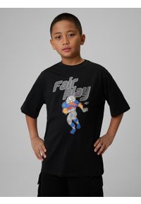 4f - 4F T-shirt loose z nadrukiem chłopięcy - czarny 146 (10-11 lat). Okazja: na co dzień, na uczelnię. Kolor: czarny. Materiał: dzianina, materiał, dresówka, bawełna, skóra. Wzór: nadruk. Sezon: lato. Styl: casual, sportowy #1