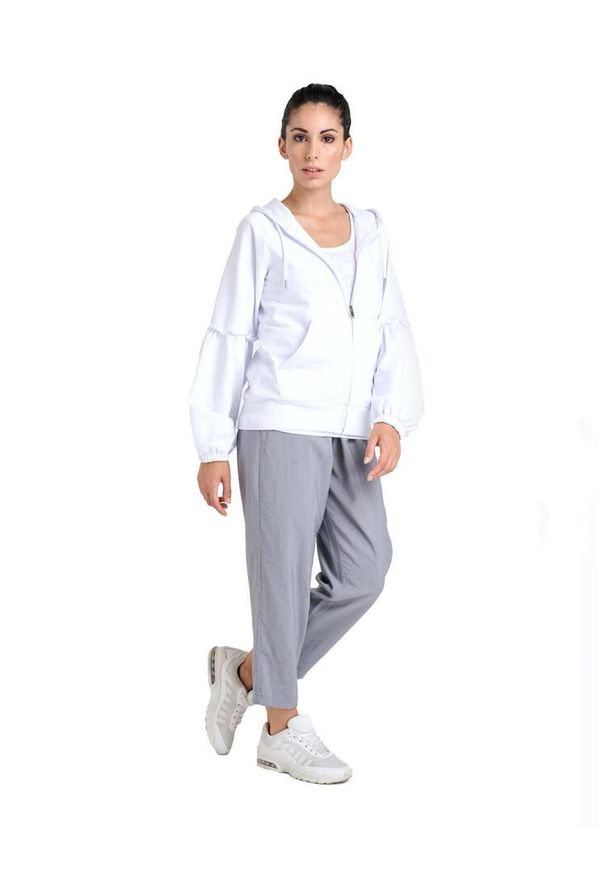 LEONE 1947 APPAREL - Błyszcząca damska bluza z kapturem zapinana na zamek. Typ kołnierza: kaptur. Kolor: biały. Materiał: tkanina. Sport: fitness