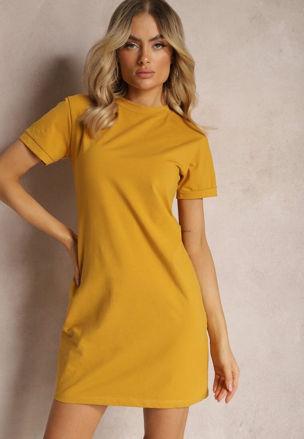 Renee - Żółta T-shirtowa Sukienka Sportowo-Casualowa z Elastycznej Bawełny Starlin. Okazja: na co dzień. Kolor: żółty. Materiał: bawełna. Wzór: kolorowy. Typ sukienki: sportowe. Styl: sportowy, casual