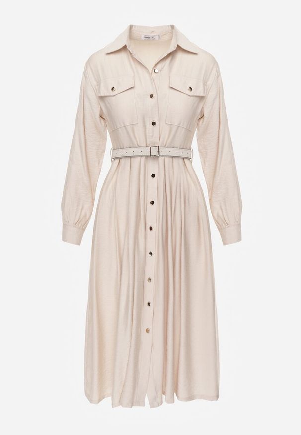 Renee - Beżowa Sukienka Rozkloszowana z Wiskozy o Koszulowym Kroju z Paskiem Anteis. Kolor: beżowy. Materiał: wiskoza. Wzór: aplikacja. Typ sukienki: koszulowe. Styl: elegancki