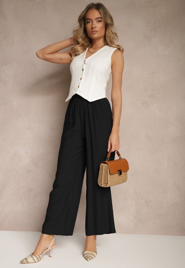 Renee - Czarne Spodnie o Szerokim Kroju High Waist z Wiązaniem Fenalin. Okazja: na co dzień, na imprezę, na spacer. Stan: podwyższony. Kolor: czarny. Styl: elegancki, casual